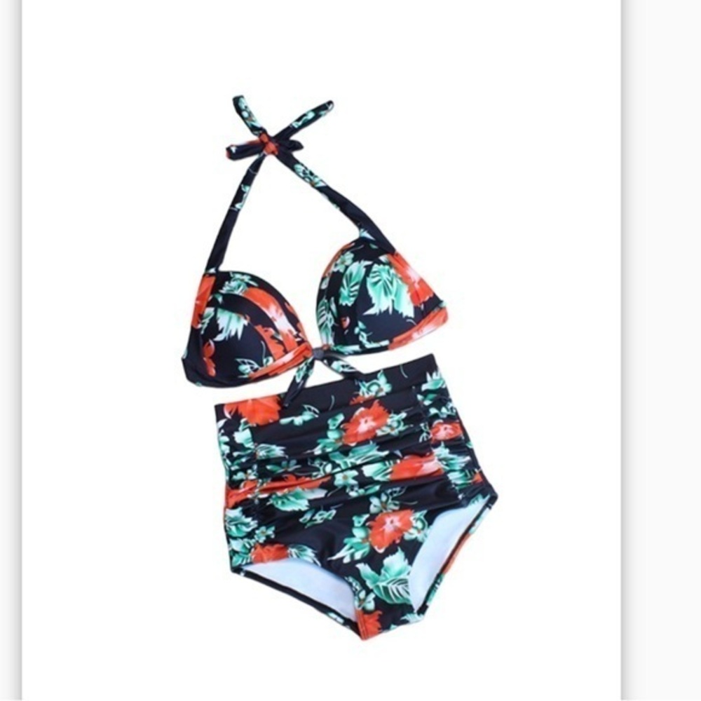 LALAVAVA Retro Style tropical floral print Two
Piece High Waisted swimsuit -XXL